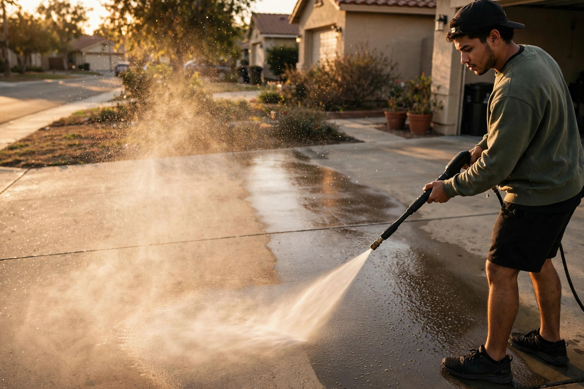 Joven lavando un driveway con hidrolavadora