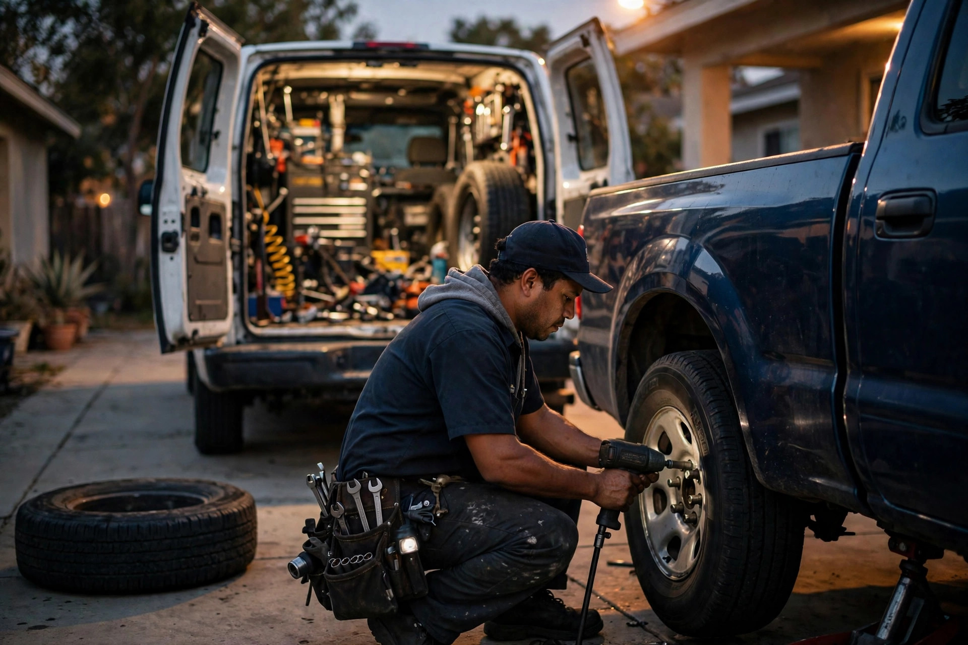 Técnico cambiando una llanta en un driveway al atardecer
